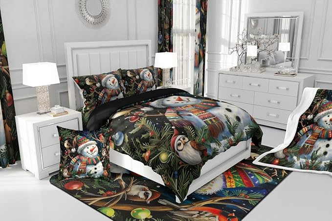 Feelyou Christmas Bedding Set Soft for Boys Girls, Holiday Snowman Birds Comforter Set Full Size Xmas Owl Branch Berry Duvet Quilt Microfiber Snowflake Bedroom Decor 3 Pcs with 2 Pillow Cases