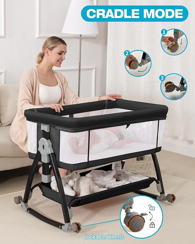 3 in 1 Baby Bassinet Crib with Breathable Mesh, Bassinet Bedside Sleeper with Wheels, Mosquito Net, Storage Basket, 6 Height Adjustable, Easy to Fold, Rocking Bassinet for Baby, Black