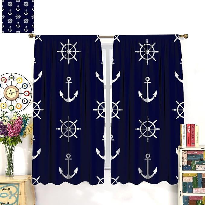 Nautical Rudder Curtains,MarineThemed Oceanic Anchor Pattern Blackout Print Home Bedroom Living Room Window Treatments 2 Panel Set 72x63 Inch