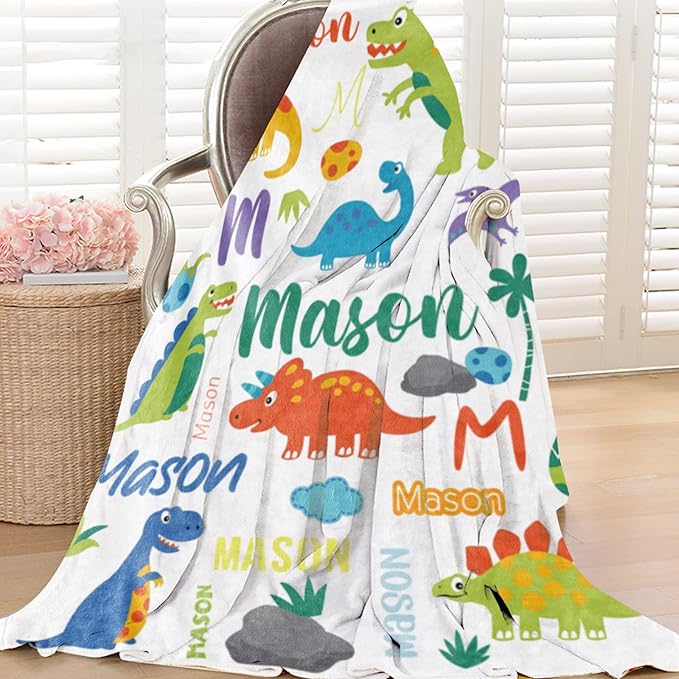 Personalized Dinosaur Blanket with Name for Boys, Custom Name Blanket for Teen Dino, Soft Flannel Dinosaur Blankets Customized Gift for Birthday 50"x60"