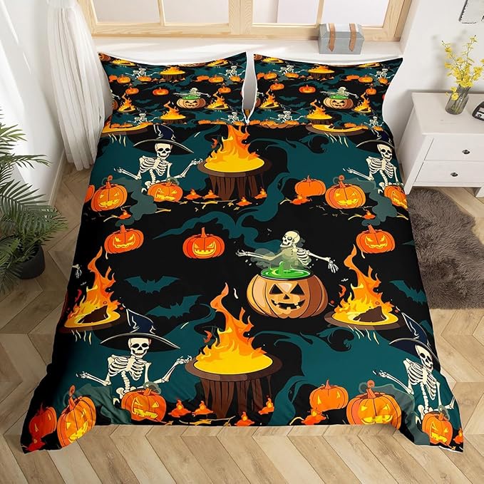Feelyou Halloween Bedding Set for Kids Horror Skull Skeletons Comforter Cover Set Ghost Duvet Cover Pumpkin Lantern Bats Pattern Bedroom Decor Bedspread Cover King Size Bedding Collection 3Pcs