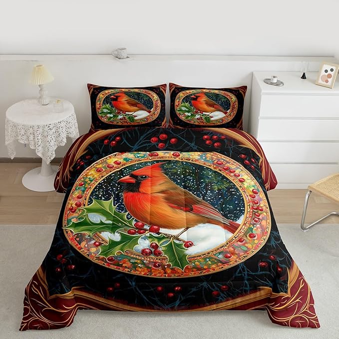Feelyou Merry Christmas Comforter Set Queen Size Robin Bird Bedding Set for Kids Boys Girls Snowflake Duvet Quilt Winter Bedroom Decor Microfiber 3 Pcs with 2 Pillow Cases