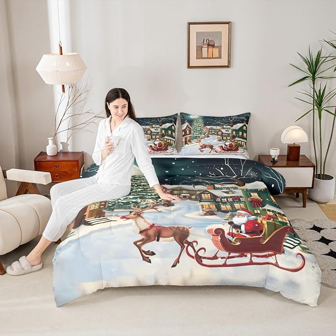 Feelyou Christmas Kids Comforter Set King Size Santa Claus Bedding Set Reindeer Sled Duvet Quilt for Kids Boys Girls Bedroom Xmas Tree Decor Microfiber Ultra Soft Breathable