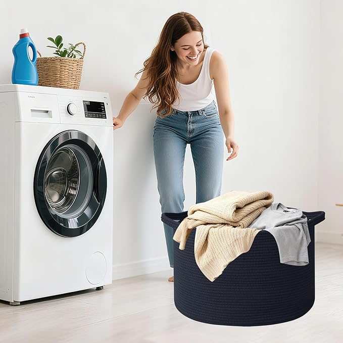 Large Blanket Basket for Organizing,65L Closet Organizers and Storage Bins Box for Shelves Woven Rope Storage Baskets,Living Room,Bedroom,Dorm,Laundry room (Navy)