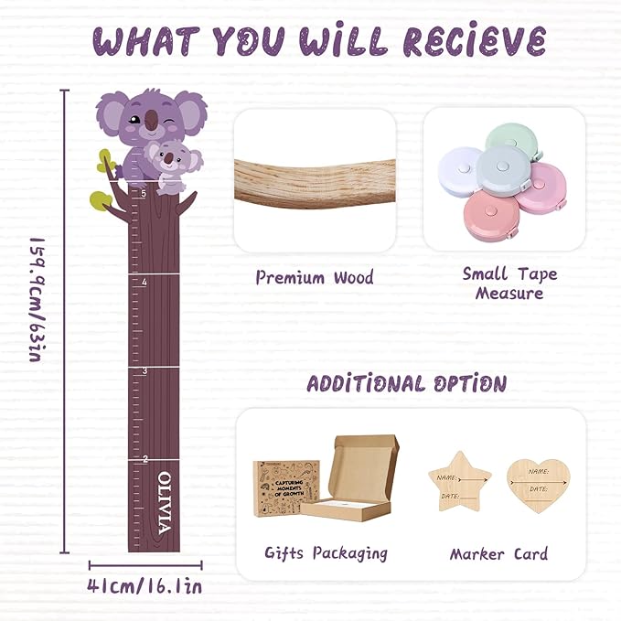 Personalized Name Growth Chart, Cute Koala Wooden Growth Chart for Kids, Height Chart for Boys Girls, Measuring Board for Kids Height for Child's Room, Nursery Decor Decoration