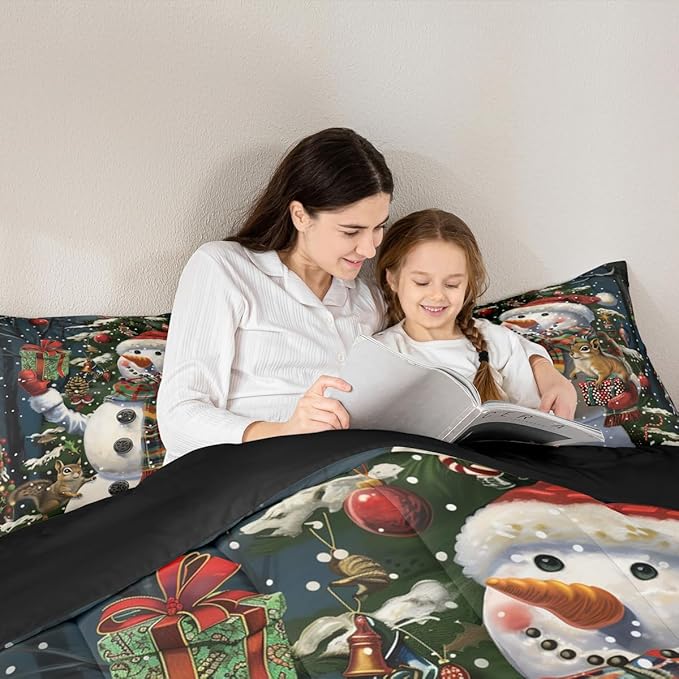 Feelyou Christmas Kids Comforter Set King Size Snowman Squirrel Bedding Set Snowflake Gift Duvet Quilt for Kids Boys Girls Bedroom Branch Berry Decor Microfiber Ultra Soft Breathable