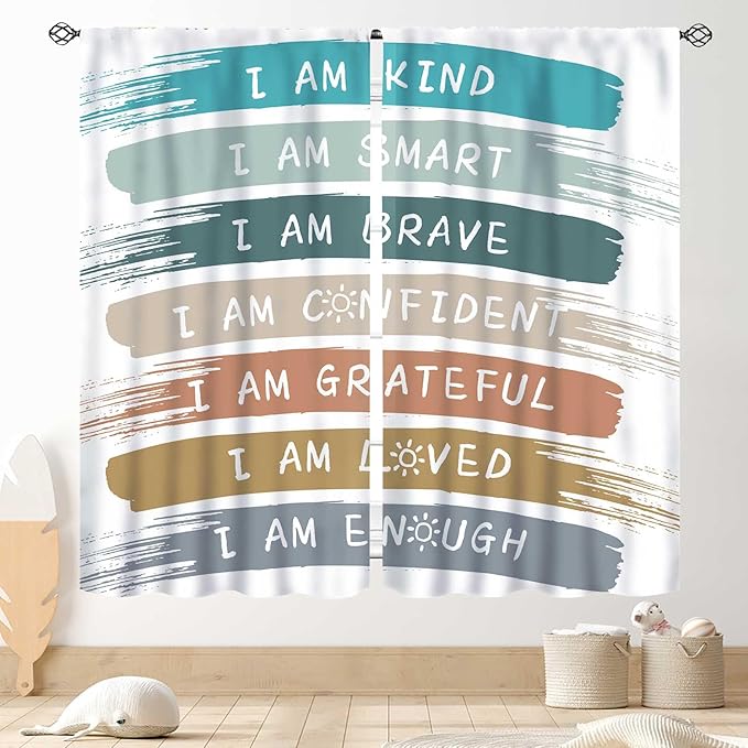 Rainbow Curtains for Classroom, Kids Girls Baby Boho Cute Inspirational Motivational Quotes Cartoon Colorful Pastel Nursery Classroom Bedroom Living Room Bathroom Window Drapes 2 Panels, 63"x72" Inch