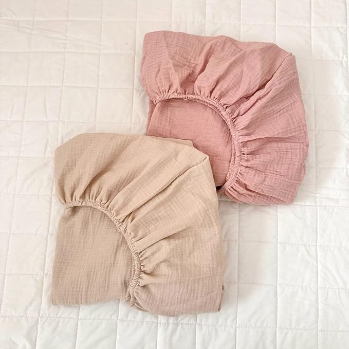 BuLuTu 2 Pack Muslin Fitted Crib Sheets 52"x28" for Standard Crib Mattress, Toddler Boys Girls 100% Cotton Baby Sheets, Soft Breathable, Machine Wash, Beige & Pink