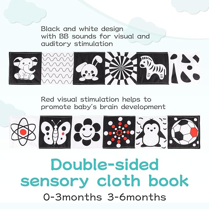 High Contrast Black and White Baby Toys 3-Piece Newborn Essentials Set with Hanging Toys,Rattle Crib Mobile,baby Book & Car Seat Stroller Toys for 0-3-6-12 Months Infant Development