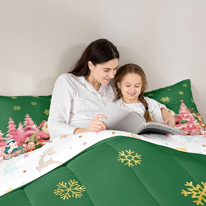 jejeloiu Merry Christmas Comforter Set King Size Santa Claus Bedding Set for Kids Boys Girls Cute Deer Duvet Quilt Green Bedroom Decor