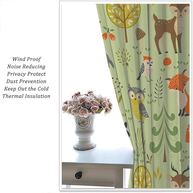 Cute Animals Curtains, Fox Bear Cartoon Wild Animals Window Treatments, Rod Pocket Thermal Insulated Drapes 2 Panel Sets for Kids Bedroom Nursery Classroom, 42" W X 45" L【Decor】
