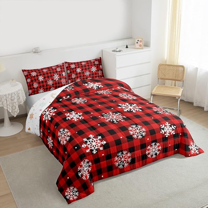 Feelyou Christmas Kids Comforter Set King Size Snowflake Red Bedding Set Red Black Plaid Duvet Quilt for Kids Boys Girls Bedroom Winter Snow Decor Microfiber Ultra Soft Breathable