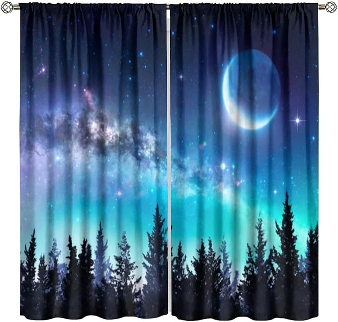 Galaxy Forest Blackout Curtains, Night Starry Sky Stars Moon Aurora Borealis Window Drapes for Bedroom Living Room Home 52" W X 84" L