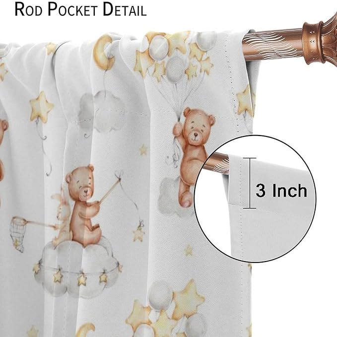 Cartoon Bear Curtains, Cute Lovely Bear Star Cloud Ballon Pastel Blackout Window Treatments, Rod Pocket Thermal Insulated Drapes 2 Panel Sets for Kids Bedroom Nursery Classroom, 55" W X 63" L