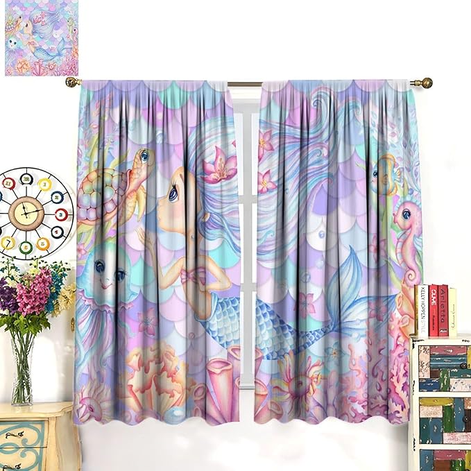 Fantasy Mermaid Curtain Dream Cartoon Marine Organisms Turtle Coral Ocean Theme Dream Blackout Window Treatment for Kids Girls Bedroom Nursery Room Decor Rod Pocket Window Drapes 63x72in