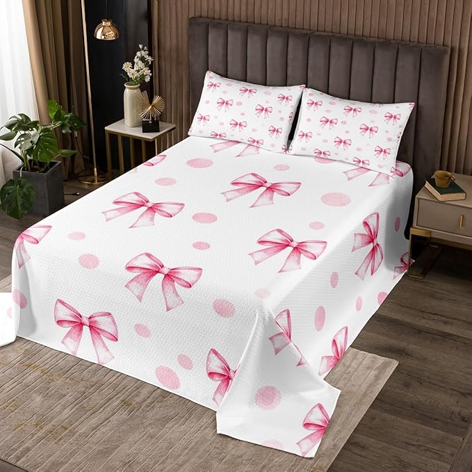 Pink Bow Princess Bedspread King Size,Bowknot Geometric Dots Toddler Coverlet Set,Girls Women Room Decor,Butterfly Knot Bow Tie Romantic Quilted Coverlet,White Simple Bedding Quilt,2 Pillowcases