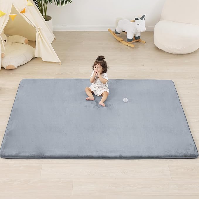 1.3" Thick Baby Floor Play Mat 71x79, Basic Padded Foam Mat for Tummy Time Crawling, Non Slip Cushioned for Babies Toddlers Infants Kids (Light Grey)