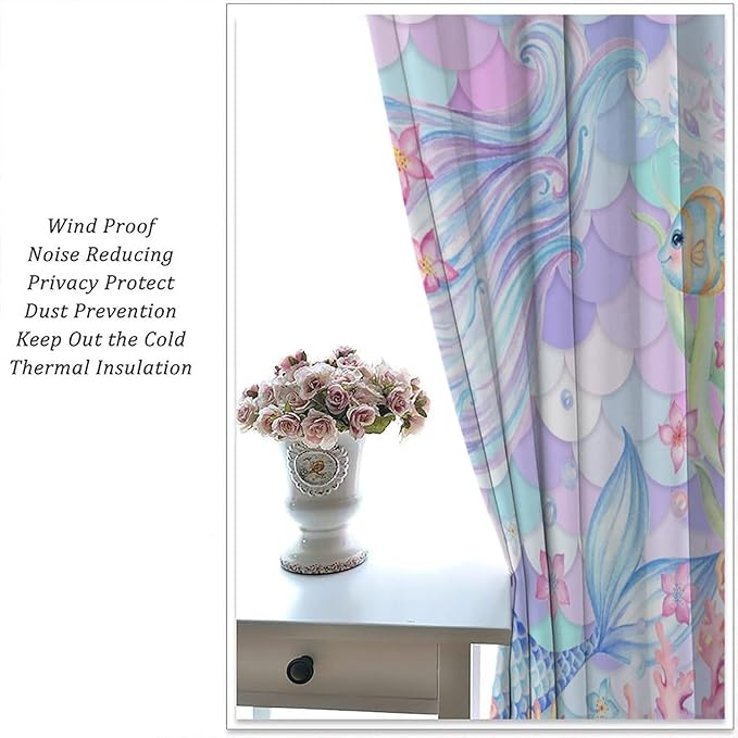 Fantasy Mermaid Curtain Dream Cartoon Marine Organisms Turtle Coral Ocean Theme Dream Blackout Window Treatment for Kids Girls Bedroom Nursery Room Decor Rod Pocket Window Drapes 42x63in