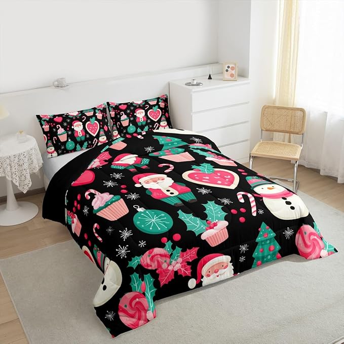 Feelyou Christmas Decor Comforter Set Full Size Pink Santa Claus Bedding Set for Kids Boys Girls New Year Gift Duvet Quilt Snowman Bedroom Decor Microfiber 3 Pcs with 2 Pillow Cases