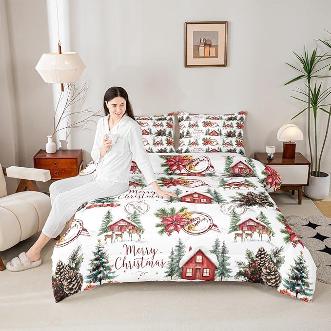 Merry Christmas Comforter Set King Size,Poinsettia Winter Xmas Pine Tree Kids Bedding Set,Snowflake Rustic Farmhouse Quilt Comforter,Red Green White Duvet Insert,2 Pillowcases