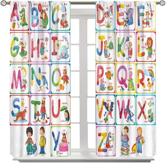 Kids Alphabet Curtains Cartoon Animal Funny Education Learning Curtain with Rod Pocket for Bedroom Nursery Children Toddler Decor Drapes Window Treatments 2 Panels Set 55" W X 63" L