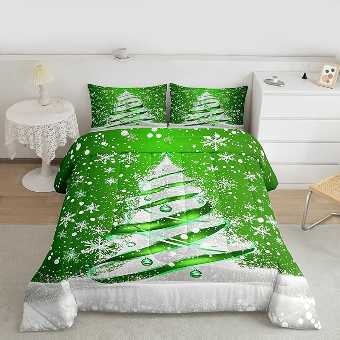 Feelyou Merry Christmas Comforter Set All Season Christmas Tree Bedding Set with 2 Pillow Cases Snowflake Microfiber Kids King Bedclothes Winter Bedroom Decor Duvet Quilt Breathable Soft