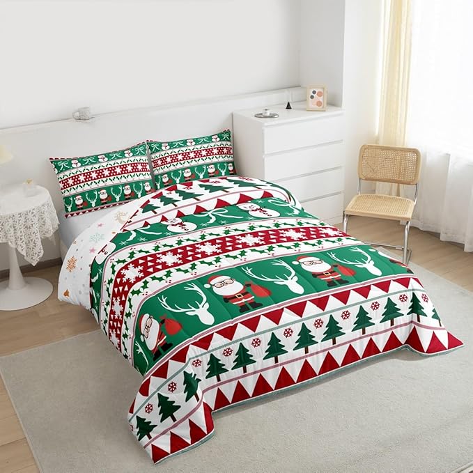 Feelyou Merry Christmas Tree Comforter Set Queen Size Cute Snowman Bedding Set for Kids Boys Girls Santa Claus Duvet Quilt Cartoon Bowknot Bedroom Decor Microfiber 3 Pcs with 2 Pillow Cases