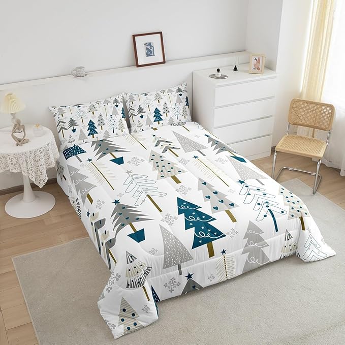 Xmas Trees Comforter Set Twin Size,Merry Christmas Pine Hand Drawn Bedding Set for Kids Boys Men,Blue Plant Snowflakes Winter Quilted Duvet Set with 1 Pillowcase