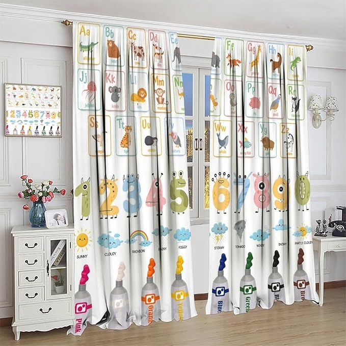 Alphabet Learning Curtain for Kids, Colorful Cartoon Animal Multiplication Table Educational, Classroom Child Printed Rod Pocket Blackout Window Drapes for Bedroom Living Room 55" W X 63" L