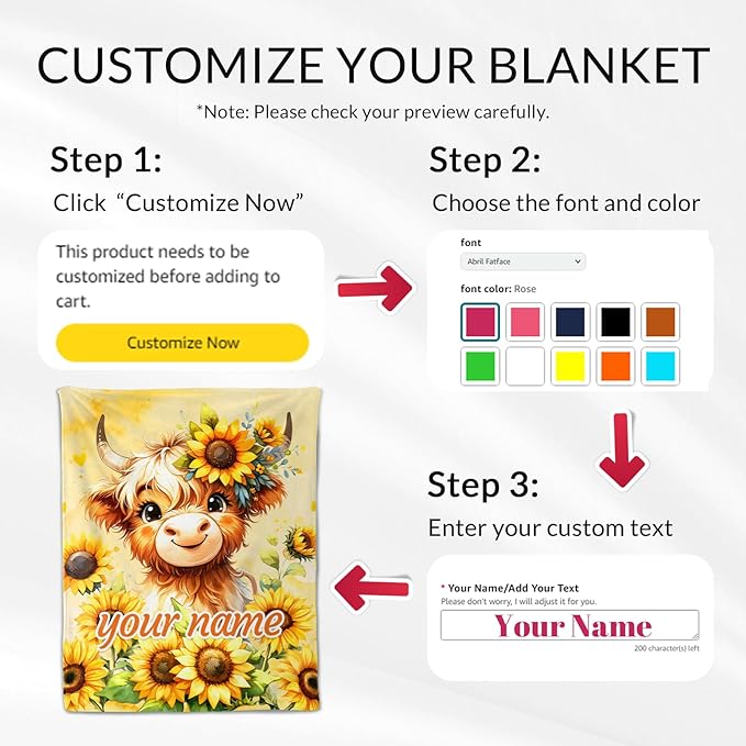 Custom Highland Cow Throw Blanket - 50" x 60" Inches Highland Cow Sunflower Blanket for Teens - Yellow Lightweight Warm Throw for Couch, Bed & Travel