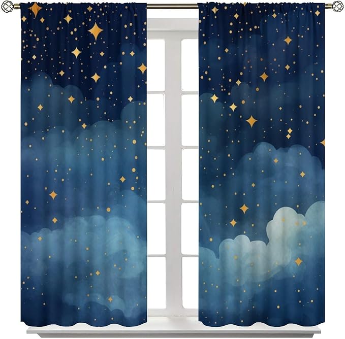 Night Sky Stars Curtain for Kids, Blue Starry Space Galaxy Pattern Window Treatments for Boys Girls Bedroom Toddlers Room Living Room 42" W X 45" L