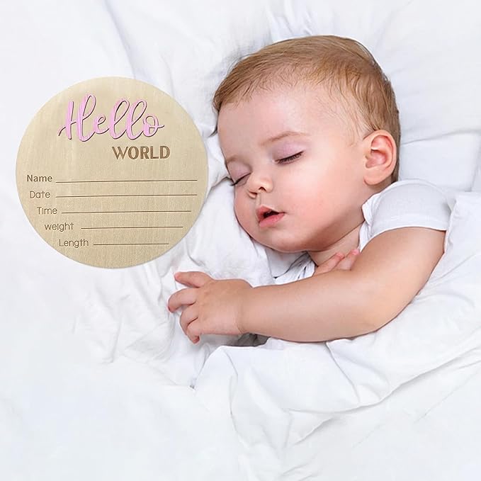 Baby Announcement Sign, 5.9 Inch Wooden Hello World Newborn Signs, Birth Announcement Sign, Baby Shower Hospital Nursery for Newborn Boys and Girls… (Light Pink)