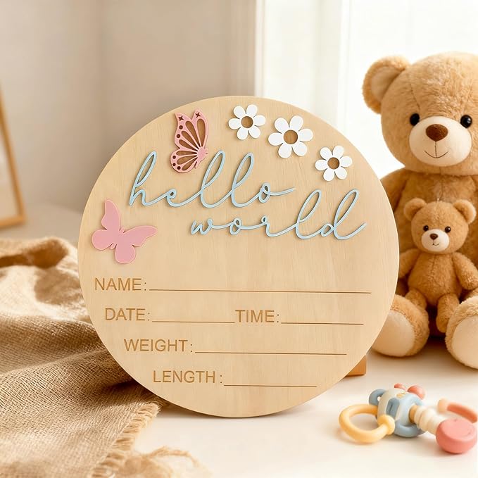 5.9 Inch Wooden Hello World Baby Announcement Sign, Newborn Welcome Board with Pink Butterfly, Baby Shower Hospital Nursery Photo Props for Boys & Girls
