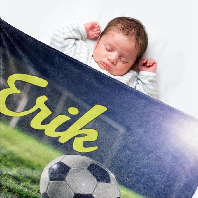 Personalized Baby Balll Soft Blanket: Custom Kids Soccer Design Blanket with Name and Number - Bedding Gifts for Infants Toddlers Adults 50x60inch