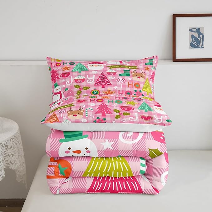 Merry Christmas Kids Comforter Set Twin Size,Cartoon Santa Claus Snowman Deer Xmas Bedding Set,Boys Girls Adults Room Decor,Geometric Grids Down Comforter,Pink Romantic Duvet Insert,1 Pillowcase