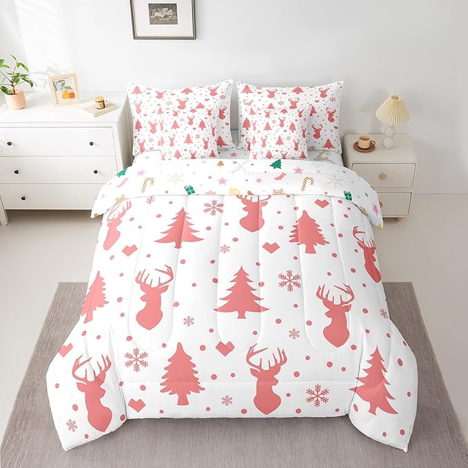 Feelyou Merry Christmas Bed in a Bag for Boys Girls Deer Silhouette Antler Cute Wildlife Bed Set Xmas Tree Snowflake Comforter Set with Sheets Pink Bedding Set Bedroom Collection Twin Size