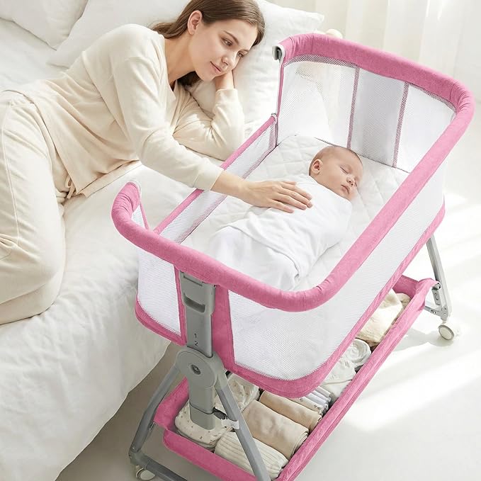 Baby Bassinet Bedside Sleeper, 3 in 1 Rocking Bassinet for Baby, Arms Reach Co Sleeper Bassinet with Wheels, Adjustable Height, Storage, Mattress & Canopy (Pink)
