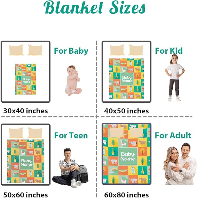 Custom Safari Animals Blanket Gift, Personalized Baby Blanket with Name, Soft Plush Flannel/Sherpa Fleece Throw Blankets for Toddler Kid Teen Boys Girls Color10