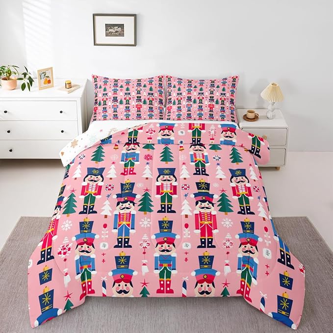 Feelyou Cute Nutcracker Kids Comforter Set Queen Christmas Tree Bedding Set Xmas Snowflake Duvet Quilt for Kids Boys Girls Bedroom Colorful Soldier Decor Candy-Cane Designs Microfiber Soft Breathable