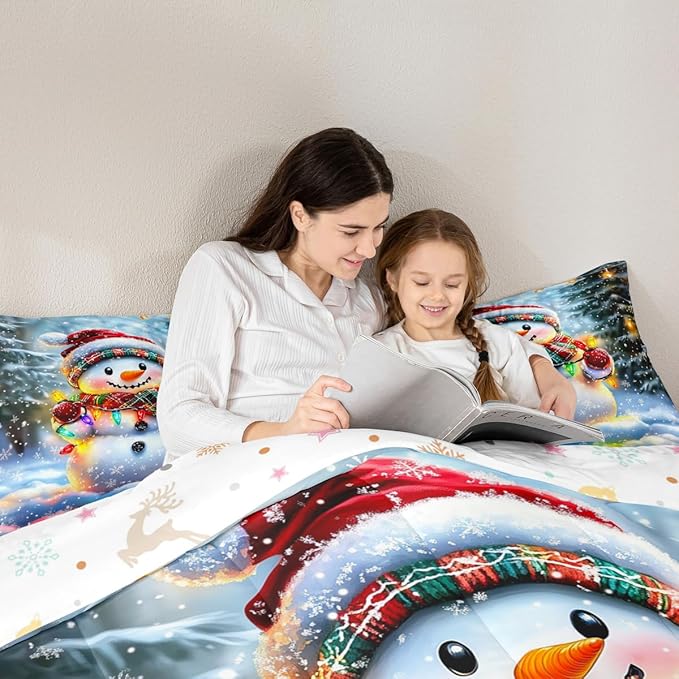 Lovely Snowman Kids Bedding Set Queen Size,Xmas Colorful Lanterns Snowflake Comforter Set,Winter Merry Christmas Quilt Comforter,Rainbow Bedroom Duvet Insert,2 Pillowcases