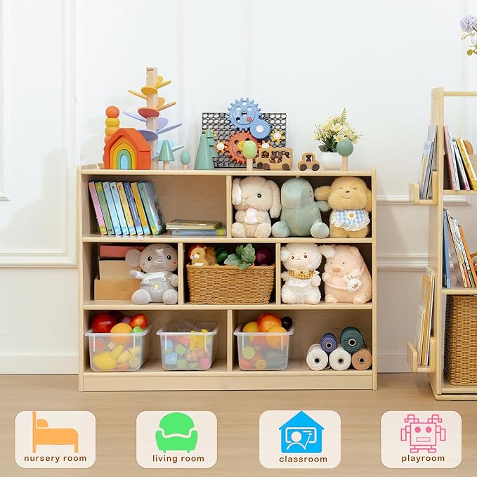 Montessori Shelf 7-Section Toy Storage Shelf 30in Birch Wood Kids Bookshelf Classroom Storage Shelves Low Bookcase Book Shelf for Kids Room Nursery Playroom Daycare Preschool, Natural