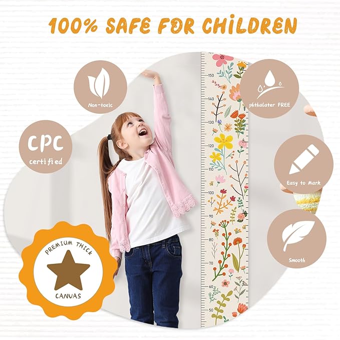 Personalized Name Growth Chart for Wall, Painted Plants Canvas Height Chart for Kids Baby Child Toddler, Canvas Growth Chart for Wall Nursery Decor, Hangable & Waterproof
