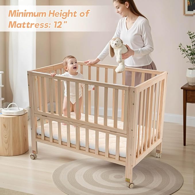 Folding Wood Bedside Bassinet - Portable 4-in-1 Baby Bassinet with Breathable Mattress,3 Heights Baby Crib with Wheels,Mini Crib for Infant Newborn and Small Space,Unpainted