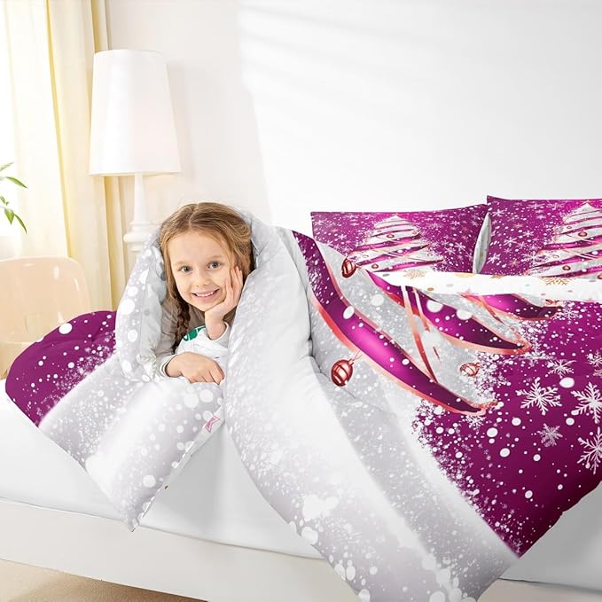 Feelyou Merry Christmas Bedding Set Soft for Boys Girls, Christmas Tree Comforter Set Twin Size Snowflake Duvet Quilt Microfiber Winter Bedroom Decor 2 Pcs with 1 Pillow Cases