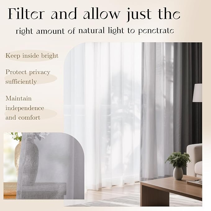 Dreaming Casa Grey Sheer Curtains 96 Inches Long, Rod Pocket & Back Tab Light Filtering Textured Sheers for Living Room Bedroom, 2 Panels, Each 100" W x 96" L
