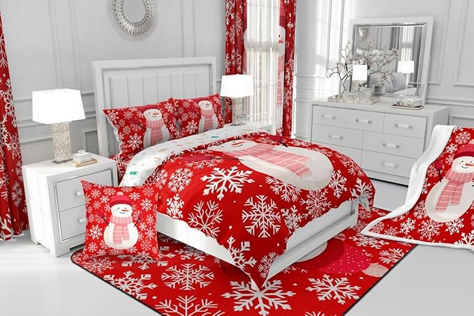 Feelyou Christmas Comforter Set All Season Snowman Red Bedding Set with 1 Pillow Cases Xmas Snowflakes Microfiber Kids Toddler Bedclothes Winter Snow Bedroom Decor Duvet Quilt Breathable Soft