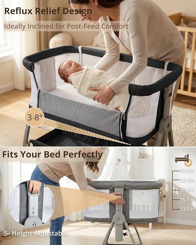Baby Bassinet Bedside Sleeper, 3 in 1 Rocking Bassinet for Baby, Arms Reach Co Sleeper Bassinet with Wheels, Adjustable Height, Storage, Mattress & Canopy (Black)