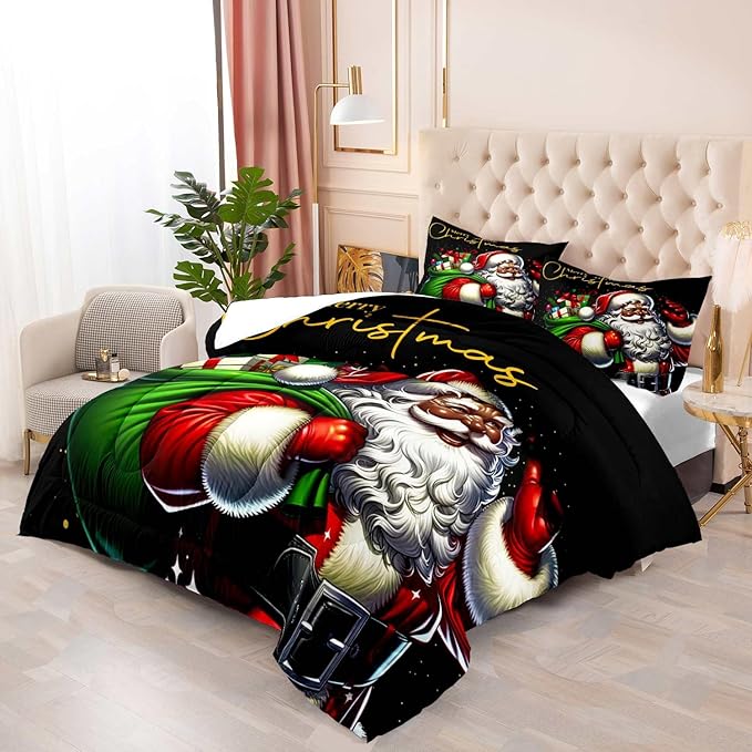 LUVIVIHOME 2PCS Merry Christmas Comforter Set Twin Size, African American Black Santa Claus Bedding, Winter Xmas Funny Christmas Bedroom Decor for Kids Boys Girls Teens, Xmas Gifts, 1 Pillow Sham