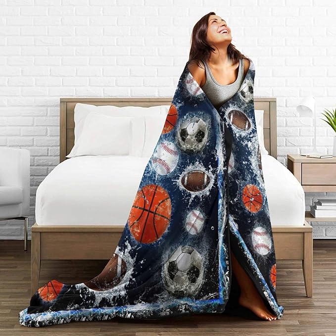 Sports Balls Blanket for Girls Boys Fans Basketball Baseball Football Soccer Throw Blankets Soft Cozy Warm Fuzzy Fleece Bedding Flannel Throws Stuff Gifts Kids Men Women Bedroom Decor 80"x60"