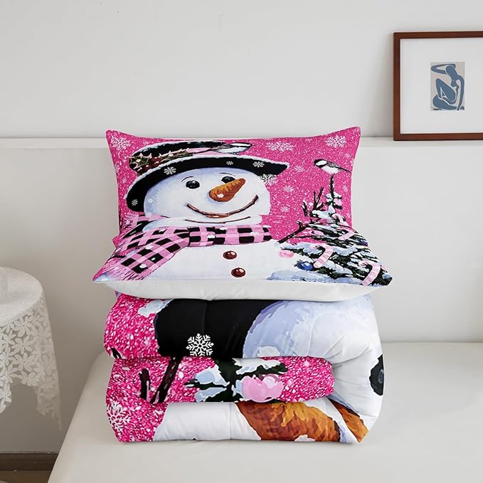 Feelyou Kids Christmas Theme Decorations Bedding Set Xmas Snowman Comforter Set for Boys Girls Snowflake Kawaii Cute Comforter Rose Red Quilt Set Bedroom Collection Toddler Size
